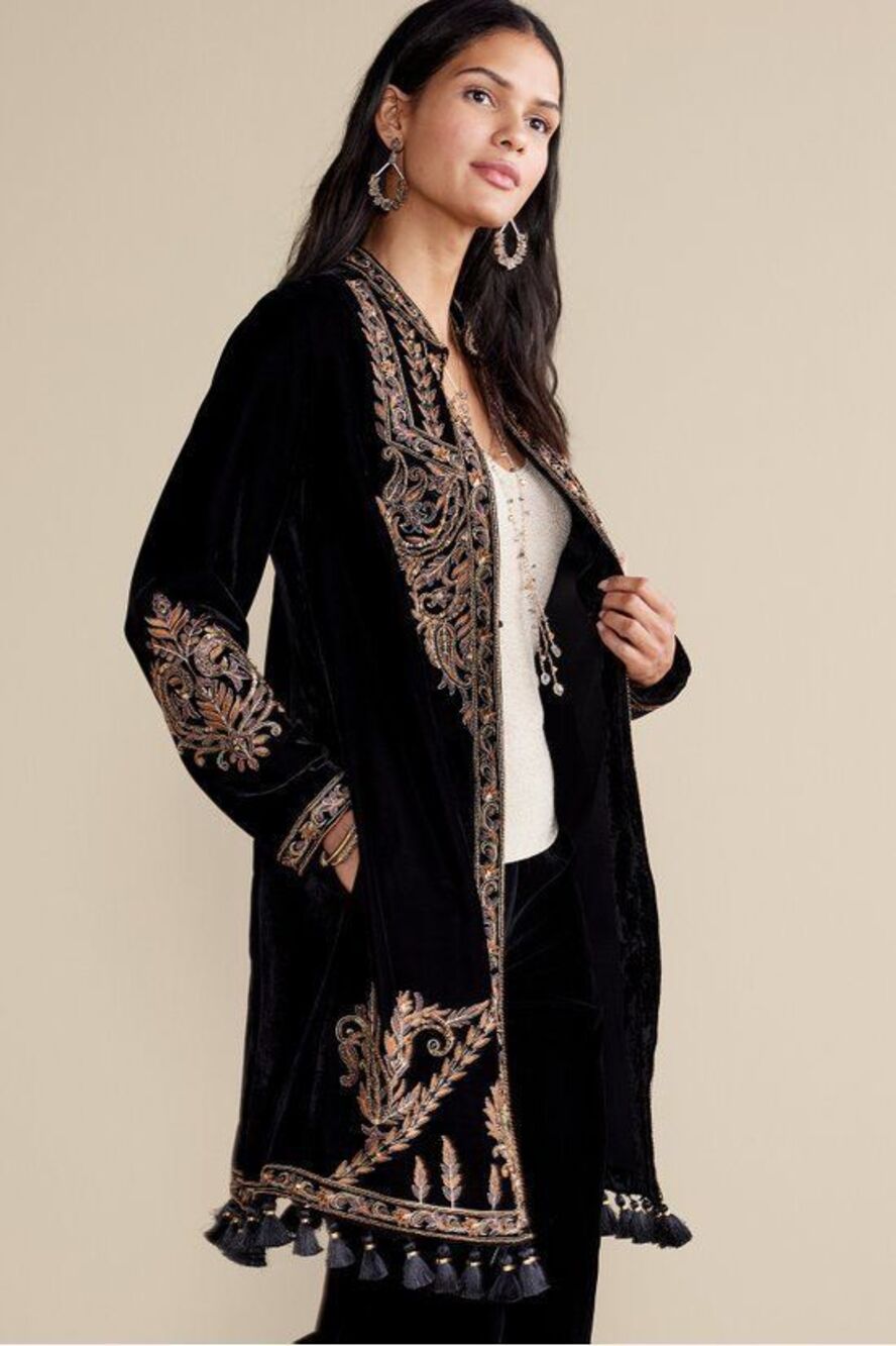 Soft Surroundings $290 Belcastel Velvet Jacket Black Gold Embroidered boho M NWT
